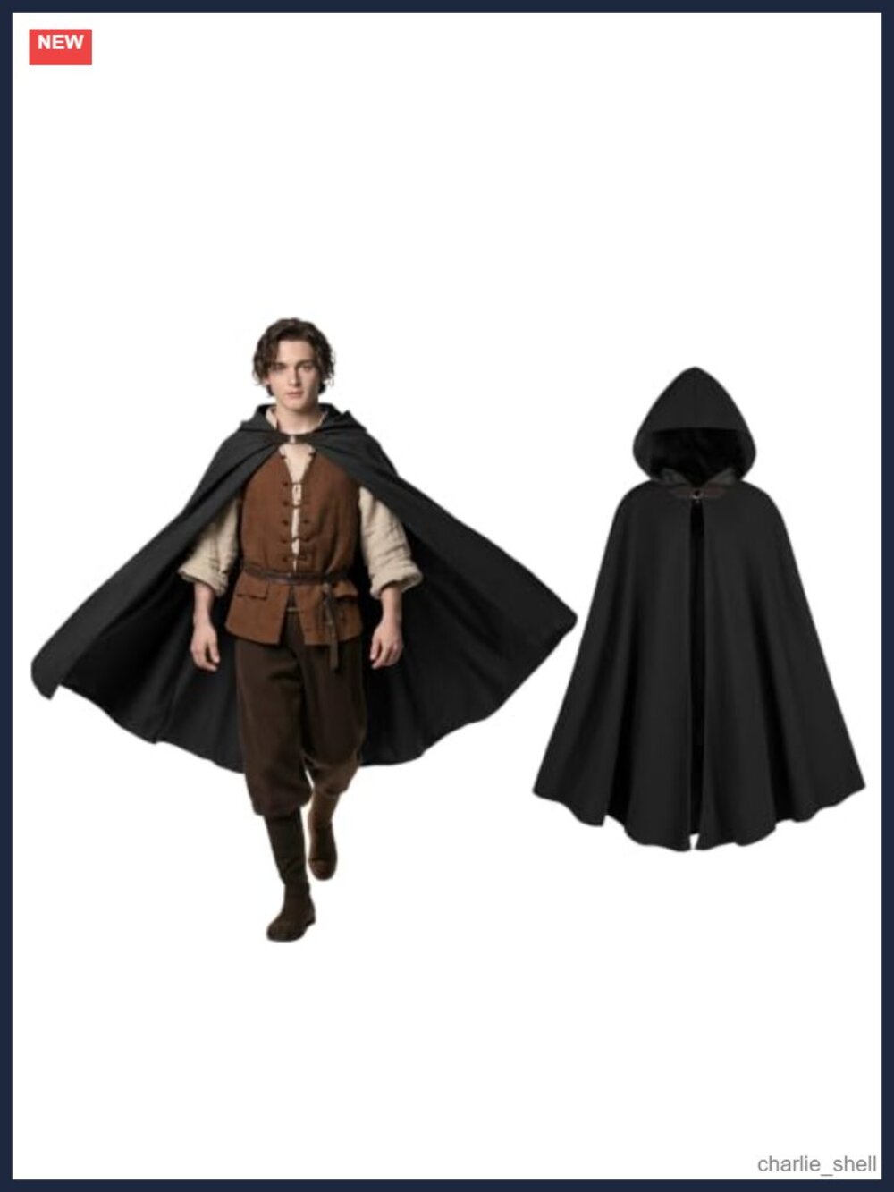 Men Medieval Hooded Cloak Velvet Round Metal Buckle Halloween Renaissance